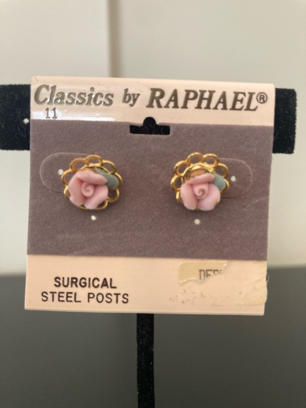 Classics by RAPHAEL Pink Rose Floral Stud Earrings with Gold Trim